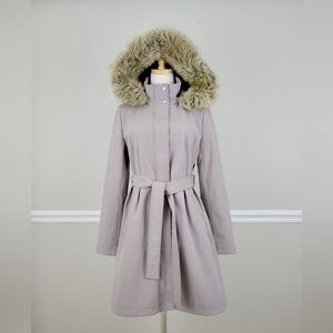 Ivanka Trump Light Gray Trench Coat with Faux Fur Hood